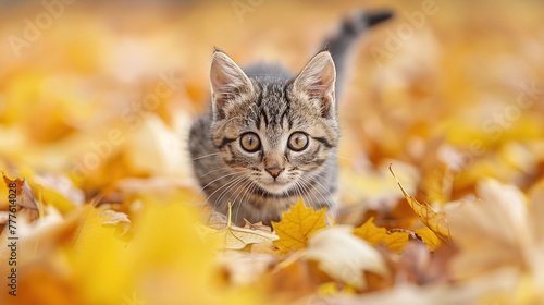 playful kitten and fluffy cat enjoying outdoor fun in autumn garden