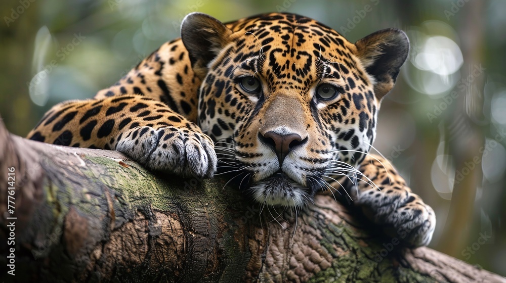Fototapeta premium leopard resting peacefully on tree branch, predatory jaguar in natural habitat