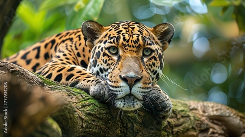 majestic leopard rests on thick tree limb, wild predator of the jungle canopy photo