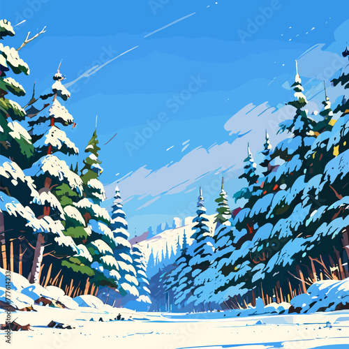 Vector illustration of a snowy forest with snow-covered trees