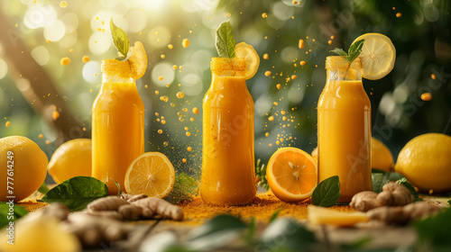 Freshly squeezed orange juice in glass bottles with caps, sitting on top of a wooden table with fresh fruit elements next to it, front view. a beautiful background. photo