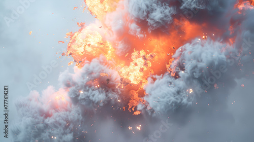 A large black cloud of smoke rises from a burning building in the city ,A Violent Dynamite or C4 Explosion on a White Background, Orange Flame and Gray Smoke