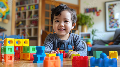 Toddler playing with blocks / educational toys