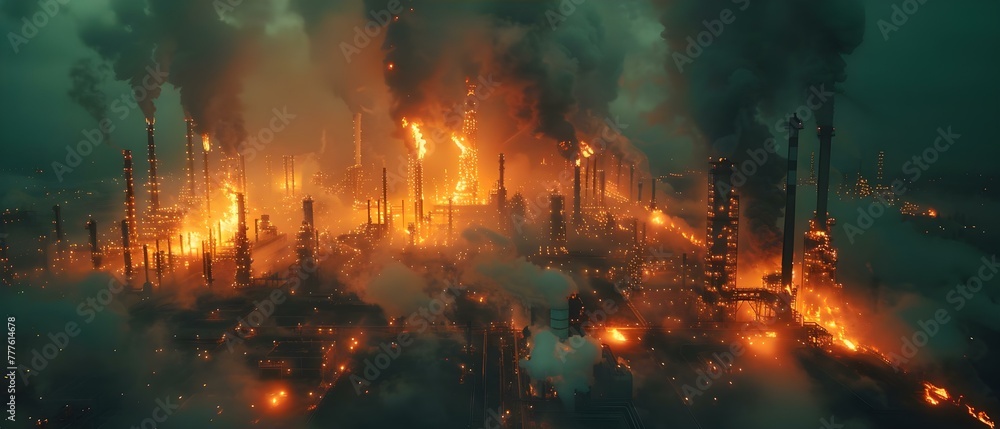 Crisis at Large Oil Refinery as Fire Threatens Plant. Concept Oil Refinery, Fire Threat, Crisis Management, Emergency Response, Industrial Safety
