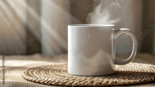 mockup white mug closeup with daylight on a light background with copy space