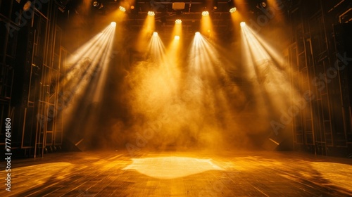 Empty stage bathed in golden light with multiple spotlights casting dynamic shadows