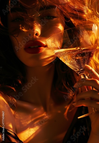A beautiful woman holding a fancy cocktail. Moody and dark atmosphere.