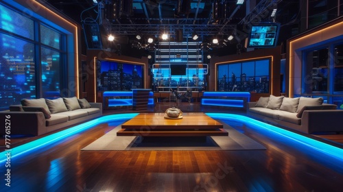The news studio features a sophisticated arrangement of twinkling lights and comfortable sofas