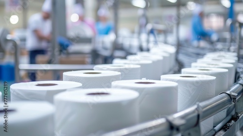 Toilet paper production, where toilet paper rolls are neatly arranged on a conveyor belt photo