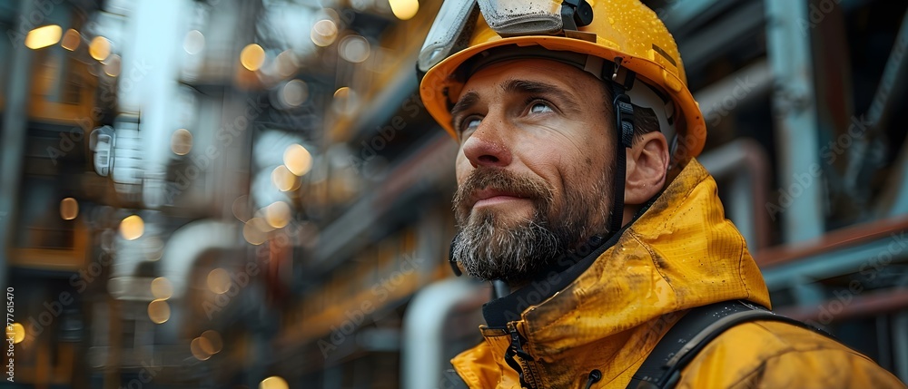 Worker in protective gear at oil refinery showcases safety and human element. Concept Oil Refinery, Worker Safety, Protective Gear, Human Element, Industrial Environment Worker in protective gear at oil refinery showcases safety and human element. Concept Oil Refinery, Worker Safety, Protective Gear, Human Element, Industrial Environment