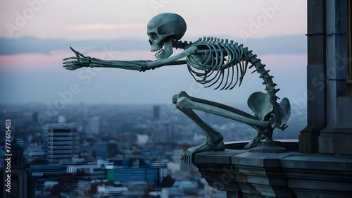 Sculpture of skeletal figure on building ledge representing the transience of life. Concept Art Installation, Symbolism, Architecture, Transience, Skeleton Figure