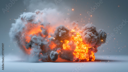 A large black cloud of smoke rises from a burning building in the city  A Violent Dynamite or C4 Explosion on a White Background  Orange Flame and Gray Smoke