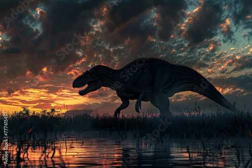 A large dinosaur is walking through a field at sunset © mila103