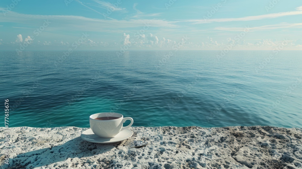 Serene coffee cup on a seaside ledge overlooking the ocean.