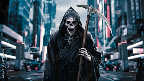 Exploring symbolism of Grim Reaper in urban setting representing death personifie. Concept Symbolism, Grim Reaper, Urban Setting, Death Personified, Exploration