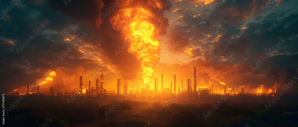Crisis at Oil Refinery: Emergency Situation Due to Fire. Concept Firefighting, Industrial Safety, Crisis Management, Oil Refinery Operations, Emergency Response