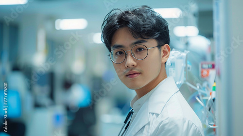 An image of a young Asian medical professional in a hospital with medical equipment and a caring demeanor