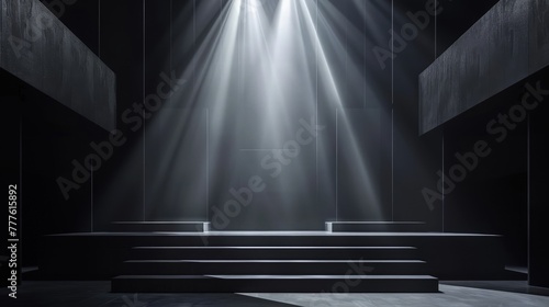 A modern theater stage with sleek black backgrounds, highlighted by a sharp, white spotlight from above.