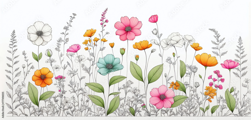 Illustrative colorful image of a close-up of flowering plants in a meadow in spring - ai generated image Illustrative colorful image of a close-up of flowering plants in a meadow in spring - ai generated image
