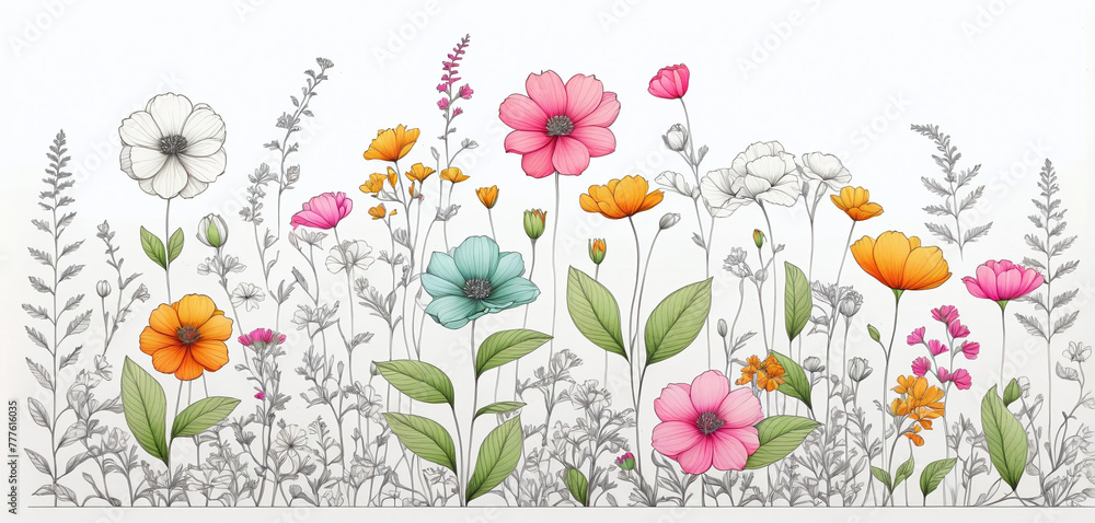 Illustrative colorful image of a close-up of flowering plants in a meadow in spring - ai generated image