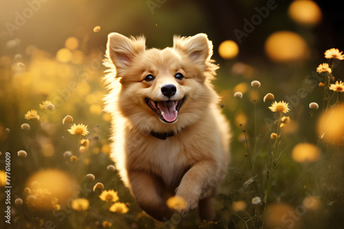 generated illustration of  friendly happy dog running at fast pace towards the camera