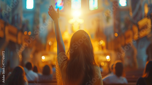 Back view of woman raised a hand to worship in the catholic church with blurry people