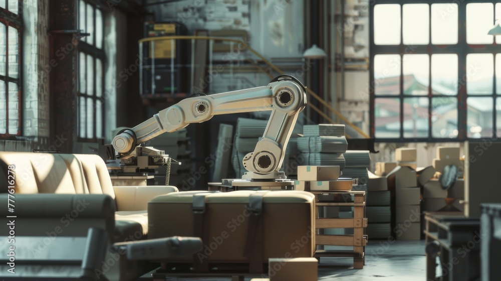 Furniture factory. Automated furniture production. Automated arm. Robot makes furniture