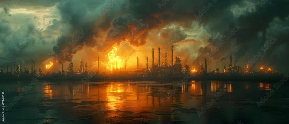Crisis at Large Oil Refinery: Emergency Fire Situation. Concept Emergency Response, Oil Industry, Fire Safety, Crisis Management, Industrial Incident
