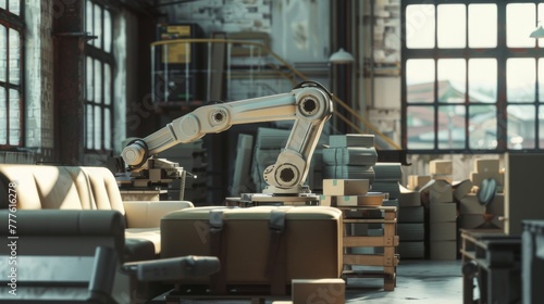Furniture factory. Automated furniture production. Automated arm. Robot makes furniture