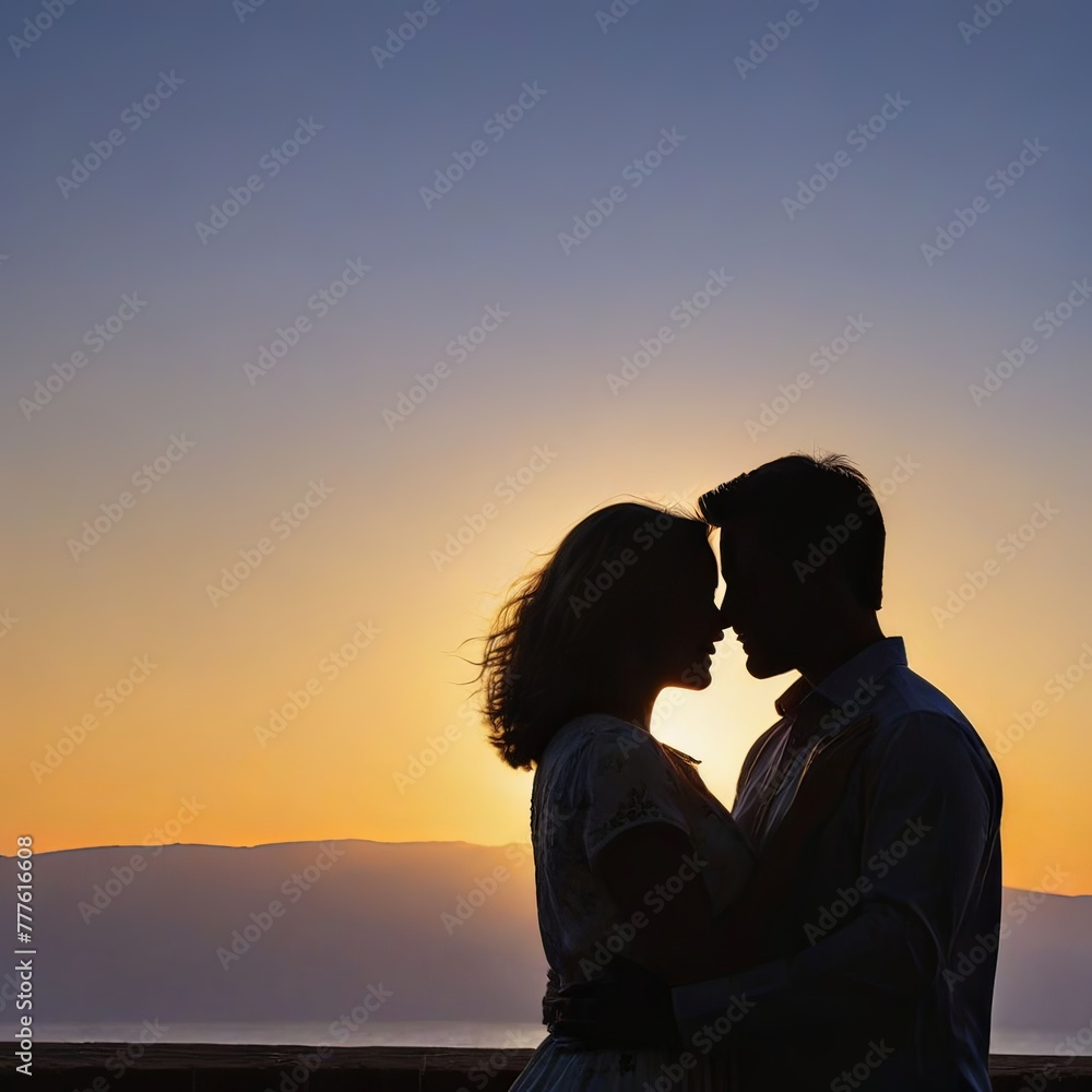 Silhouette of a romantic couple at sunset on the beach. AI generated