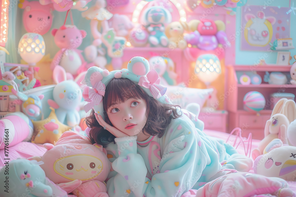 Fototapeta premium A girl is laying on a bed with a stuffed animal on her head