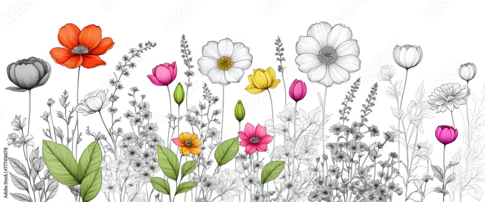 Illustrative colorful image of a close-up of flowering plants in a meadow in spring - ai generated image