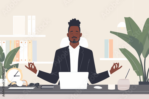 Serene businessman finds inner peace and clarity through mindful meditation at his desk, taking a mental break to practice self-care and reduce workplace stress photo