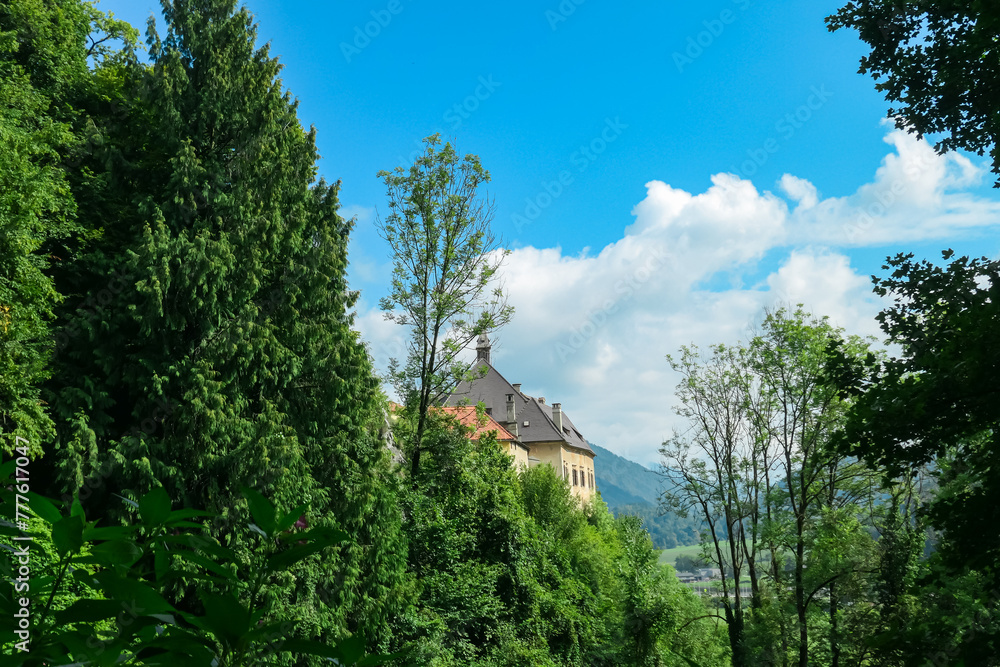 Panoramic view of medieval castle Rabenstein on a hill in Frohnleiten, Murtal, Styria (Steiermark), Austria. Travel destination sunny day in summer. Surrounded by idyllic forest in foothills of Alps Panoramic view of medieval castle Rabenstein on a hill in Frohnleiten, Murtal, Styria (Steiermark), Austria. Travel destination sunny day in summer. Surrounded by idyllic forest in foothills of Alps
