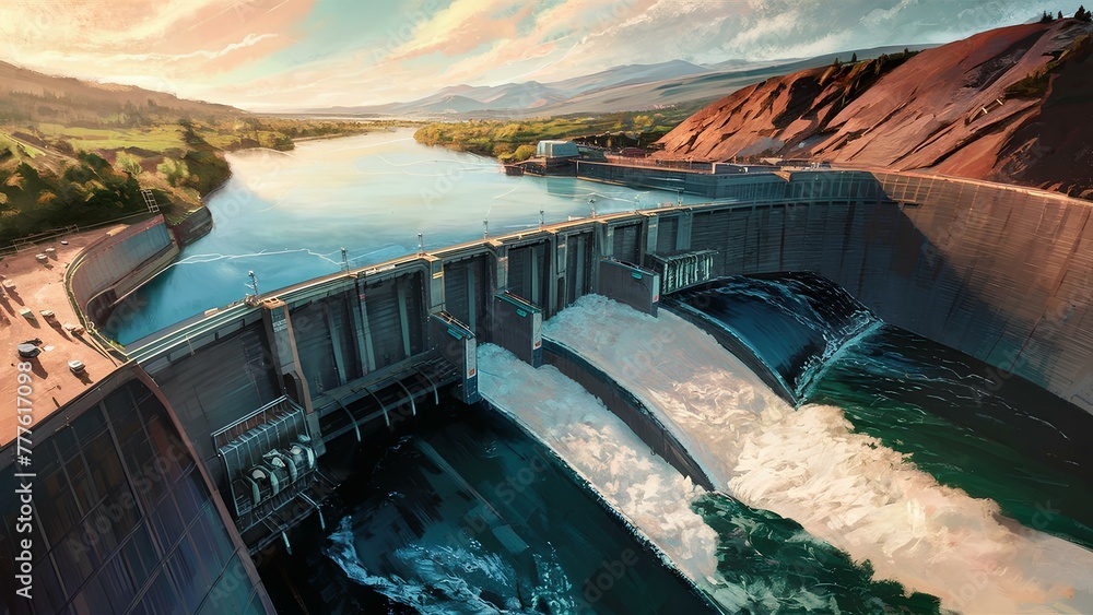 An expansive view of a hydroelectric dam, with water flowing through turbines