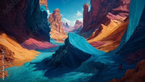 This vibrant artwork imagines a surreal landscape where a river weaves through a colorful canyon under a clear blue sky, invoking a sense of adventure and otherworldly beauty. photo