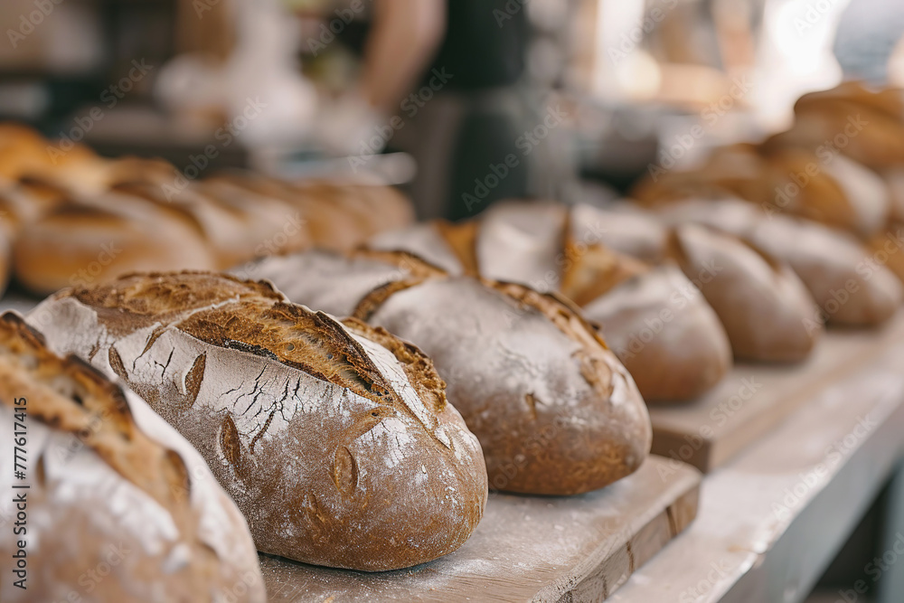 Fresh loafs of bread in artisanal bakery. Bread baking production