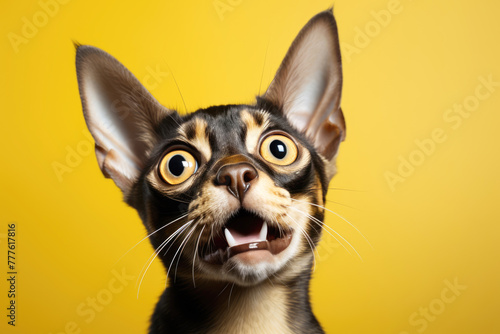 generated illustration of headshot portrait of surprised dog on bright colors background