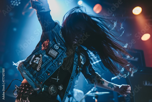 A woman with long hair is wearing a blue jacket and is dancing on stage