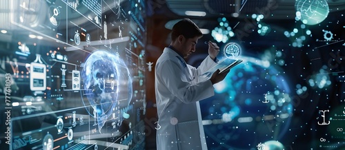 A doctor using an electronic medical record system with icons and data floating around, representing the integration of technology in healthcare. 