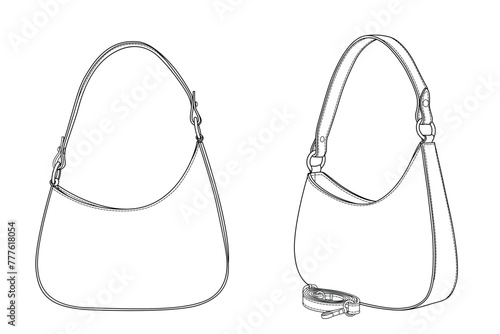 Shoulder bag outline black on white background vector set