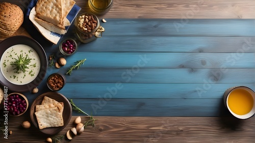Symbolic Passover (Pesach) objects on a hardwood background in a flat lay composition with text space