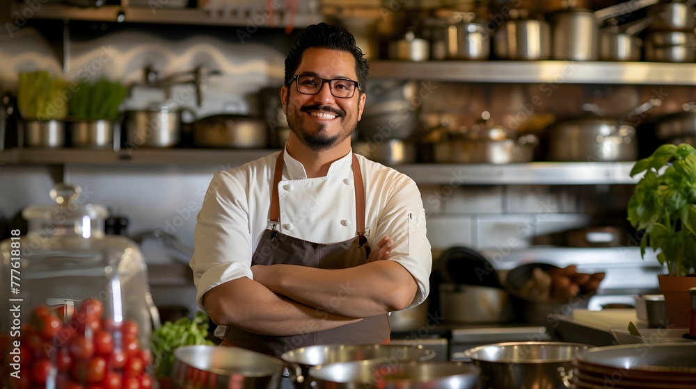A smiling chef works in a restaurant kitchen while a waiter carrying a tray with wine serves a couple at a table A smiling chef works in a restaurant kitchen while a waiter carrying a tray with wine serves a couple at a table