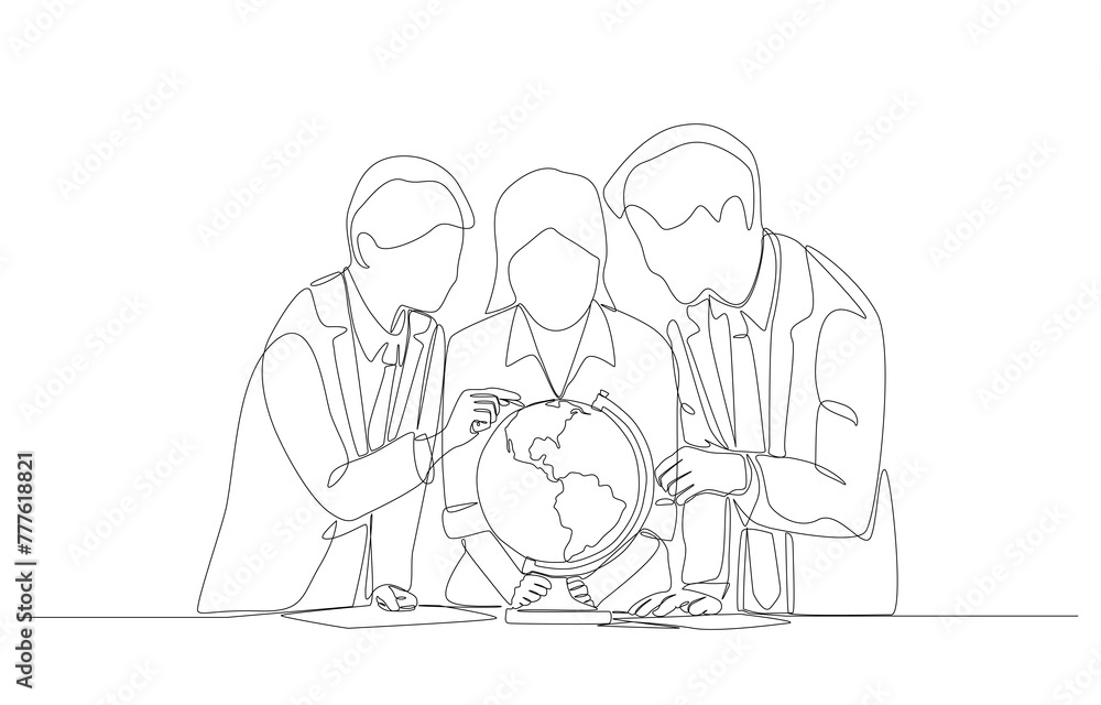 Continuous one line drawing of business people exploring world from globe, global business, business expansion concept, single line art.