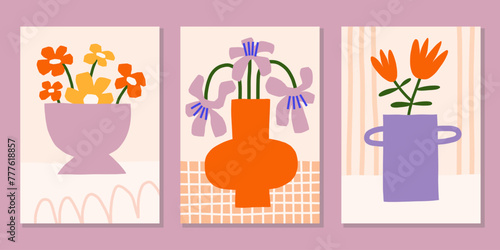 Cutout floral poster designs. Bright summer vector prints set. Modern flower in vase illustration. Botanical backgrounds