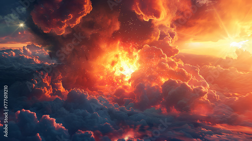 galactic core with surrounding cosmic dust clouds, Vibrant sunset sky over idyllic landscape ,A sun with a ray and a warm