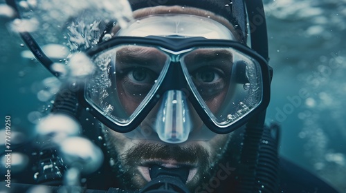 Scuba diver with mask explores the underwater world wearing specialized equipment