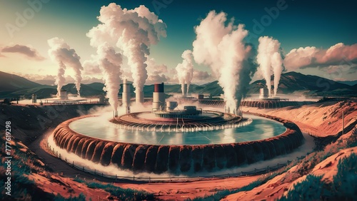 A realistic depiction of a geothermal power plant, with steam rising photo