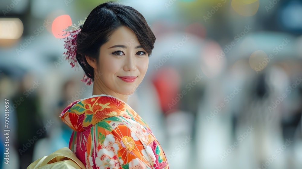 Smiling model in a beautiful red traditional Japanese kimono dress