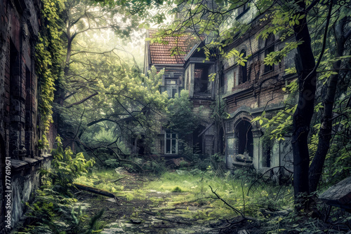 View of old overgrown buildings with damaged facades.